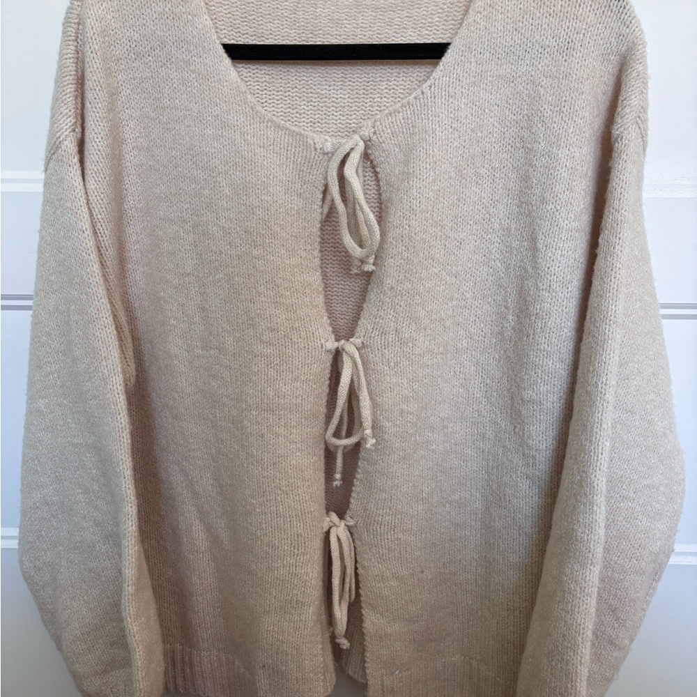 SHEIN Cream Cardigan with Tie Accents